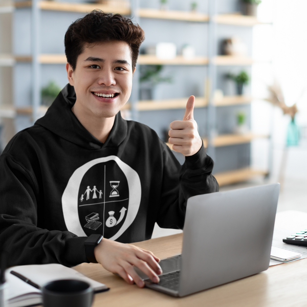 Young guy with thumps up on his laptop wearing black Ozark Positive Chapter Hoodie